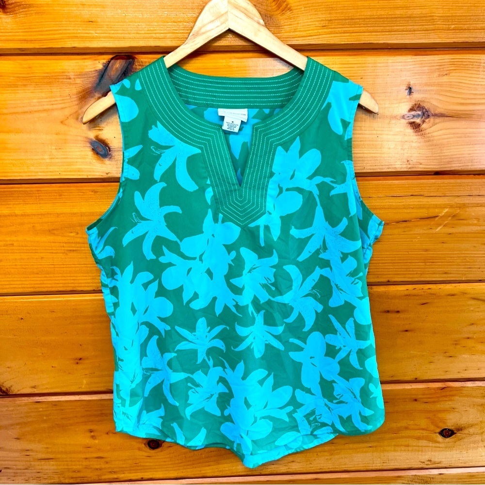 Liz Claiborne Sleeveless V-neck Tank Turquoise & Green Floral Size M